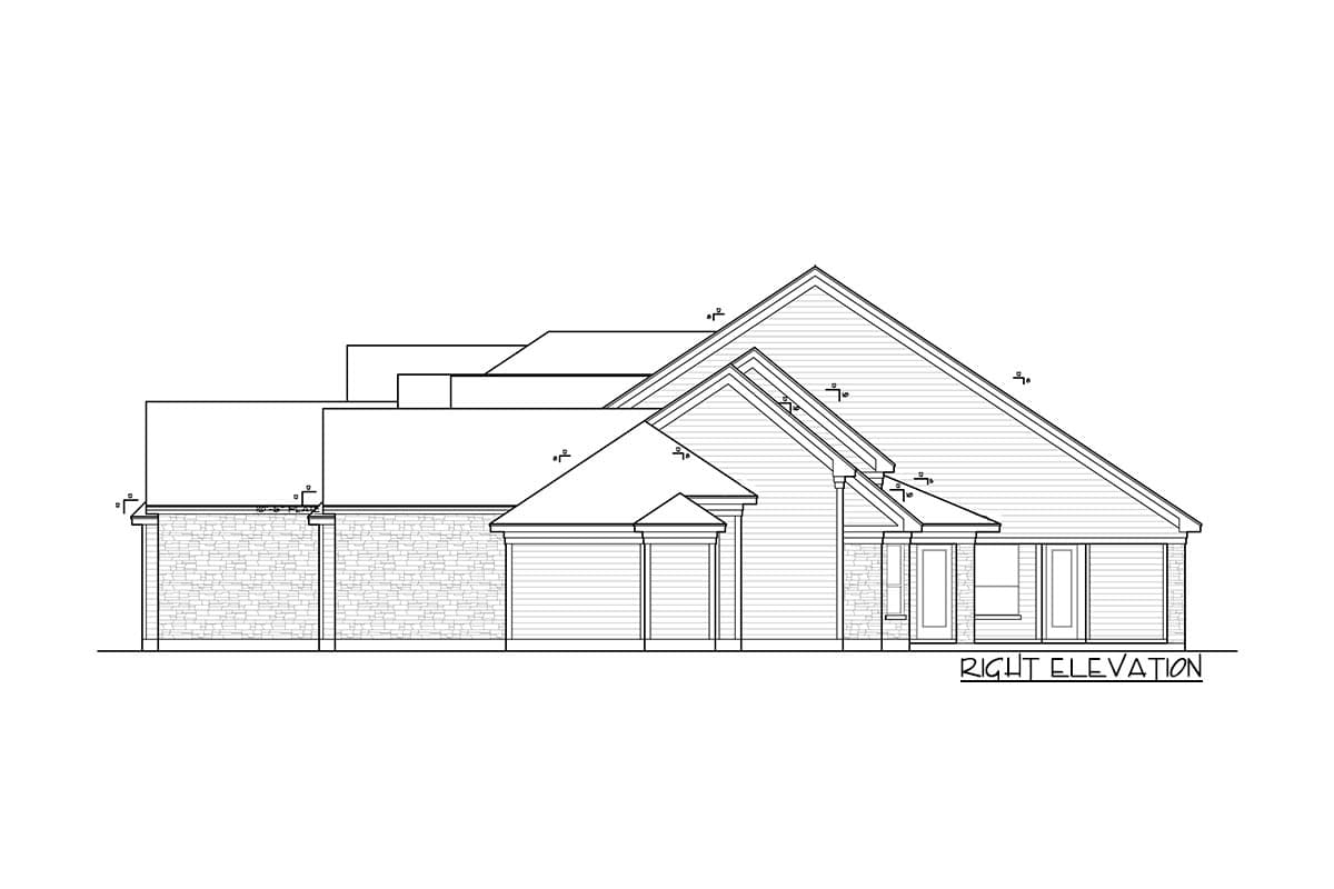 Right elevation drawing of a single-story house with stacked rooflines, stone and horizontal siding, and multiple gables.