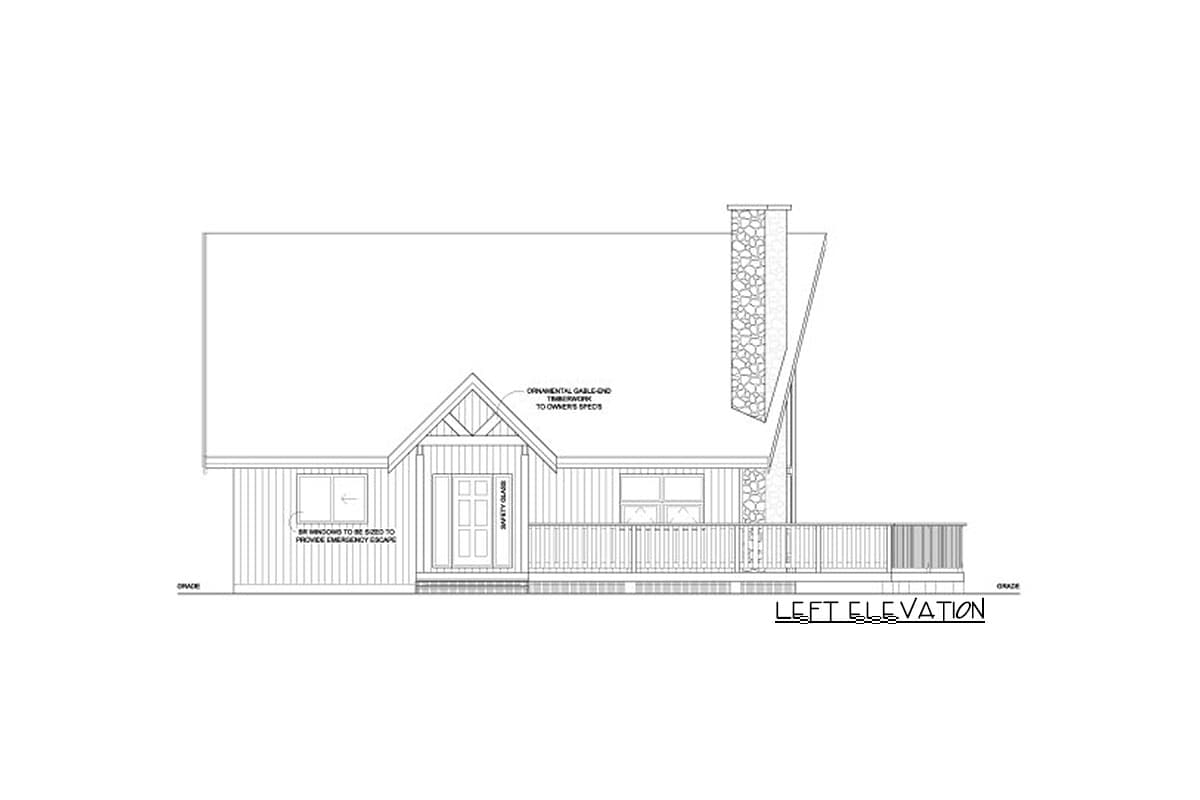 Architectural drawing of a house plan's left elevation, featuring a stone chimney, front porch, and gable trim.