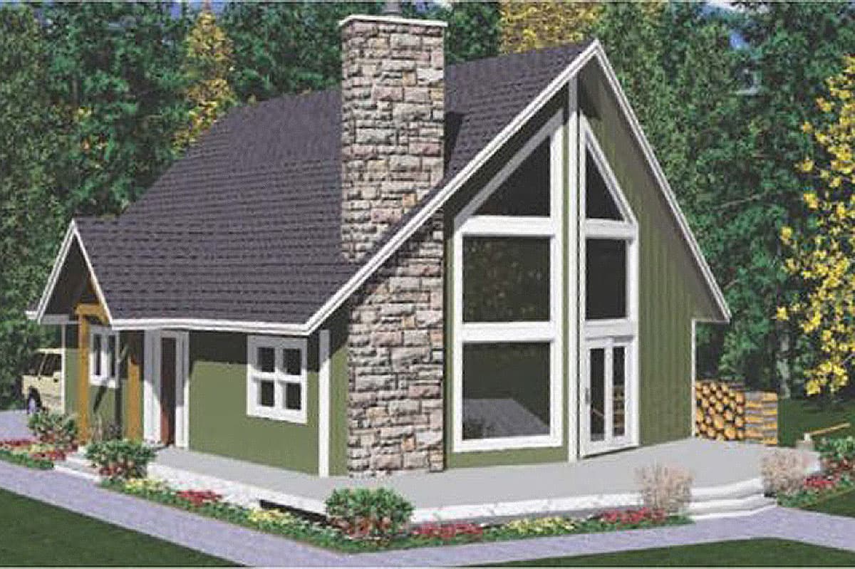 House plan exterior: A-frame style, two stories, stone chimney, large vertical windows, and a covered entry.