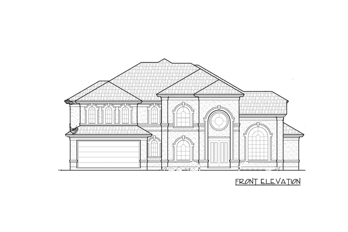 Front elevation drawing of a two-story house with a multi-gabled roof, arched windows, and an attached garage.