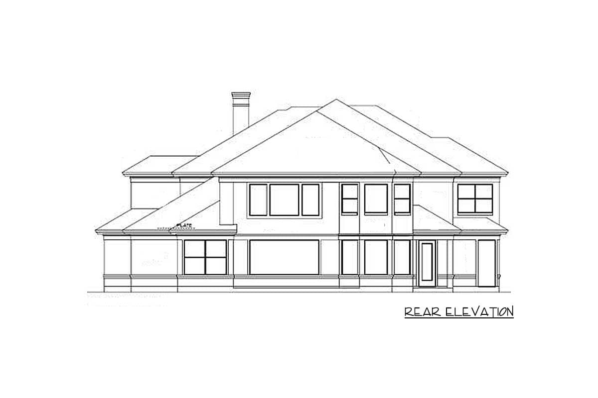Rear elevation drawing of a two-story house with multiple gables, a prominent chimney, and numerous windows.