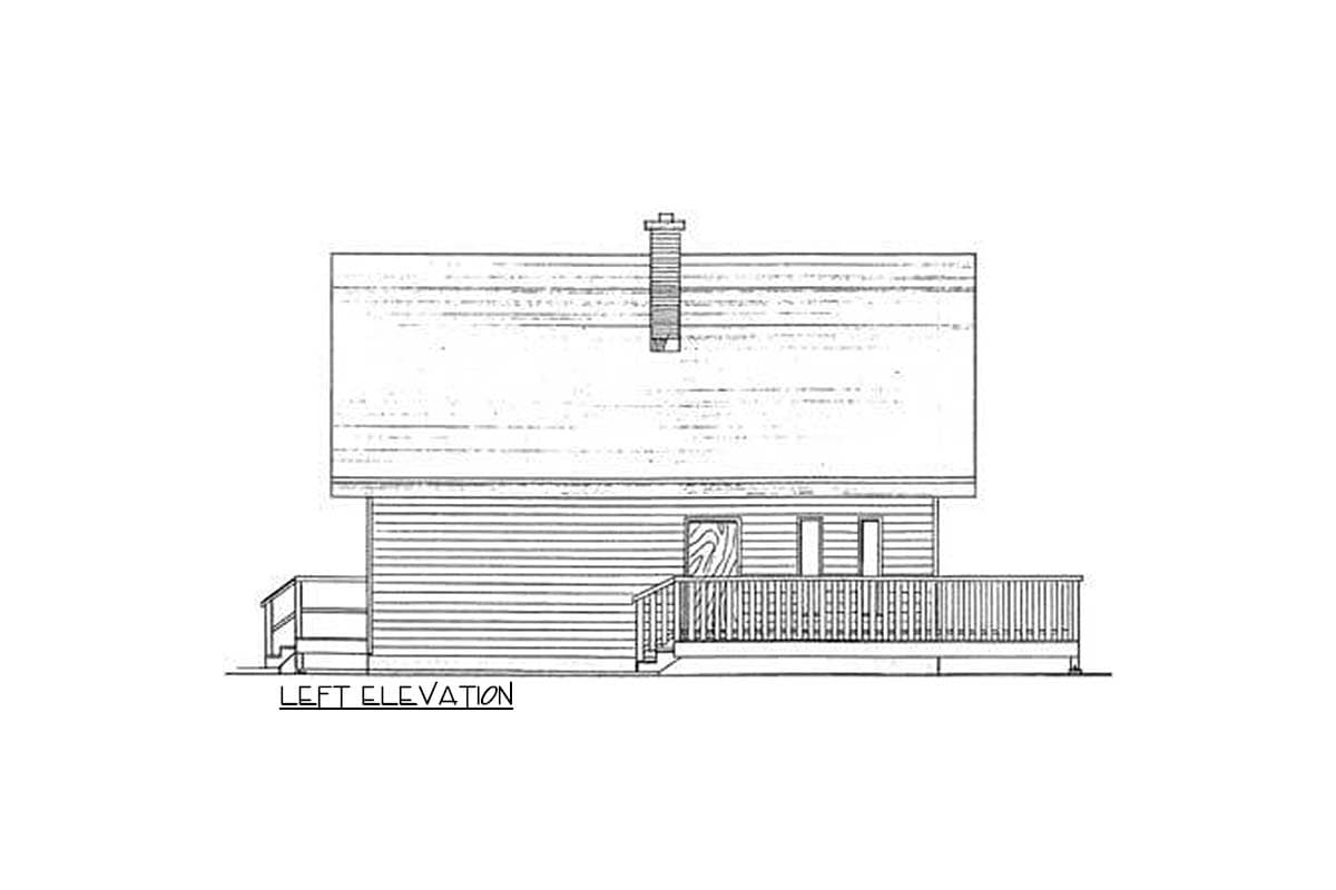 Left elevation drawing of a house plan, showing a single story with horizontal siding, a deck, and a chimney.