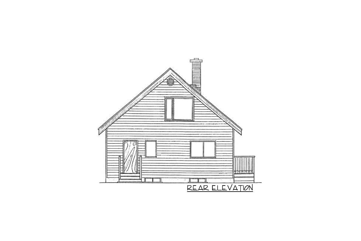 Rear elevation drawing of a house with a gabled roof, chimney, door with railing, and deck.