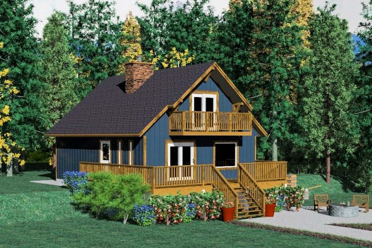 Two-story house plan exterior with blue siding, stone chimney, multiple decks, and front stairs.