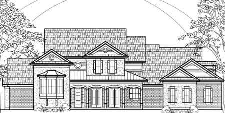 House plan exterior drawing featuring a multi-story design with gables, a covered entryway with arched openings, and bay windows.