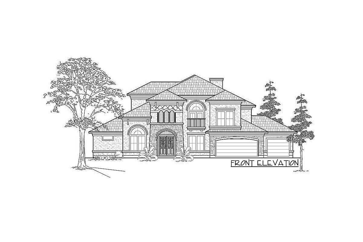 Front elevation drawing of a two-story house plan with a prominent entryway, arched windows, dormers, and a three-car garage.