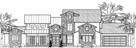 House plan exterior drawing of a multi-story home with stone accents, multiple gables, covered entry, and a detached garage.