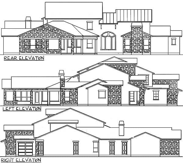 Rear, left, and right elevations of a multi-story house plan with stone accents, a prominent chimney, and a multi-level roof.