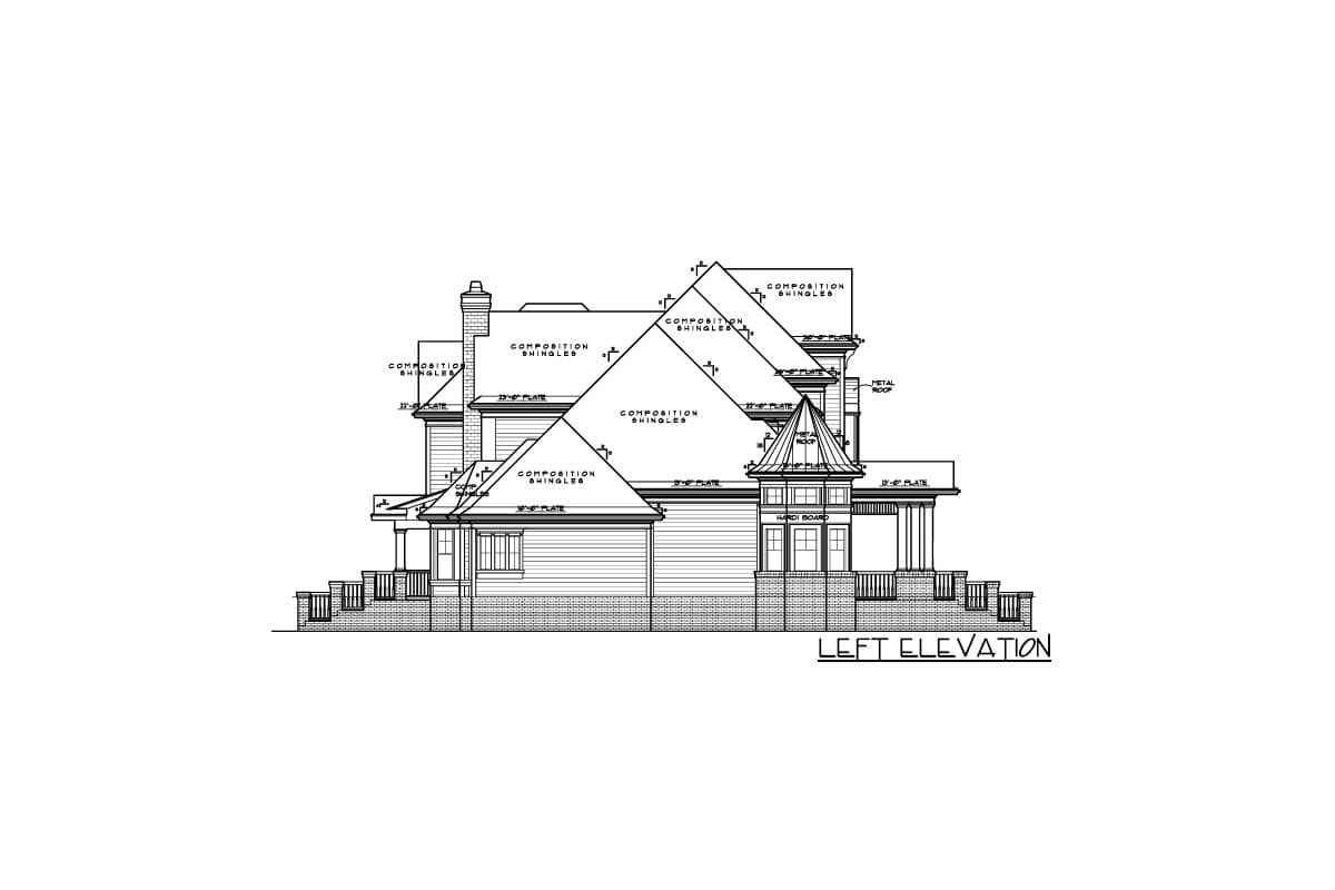 Left elevation house plan drawing showing composition shingles, hip rooflines, gables, and a prominent turret with metal roof.