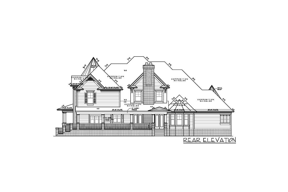 Rear elevation house plan showing a two-story home with gables, a prominent chimney, and a wraparound porch.