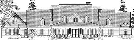 House plan exterior, two stories, central gabled dormers, deep covered porch, stone accents, multiple rooflines.