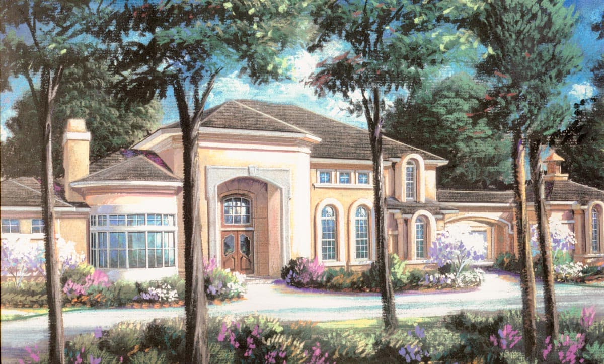 House plan exterior featuring a prominent arched entryway, bay windows, multiple arched windows, and a covered garage.