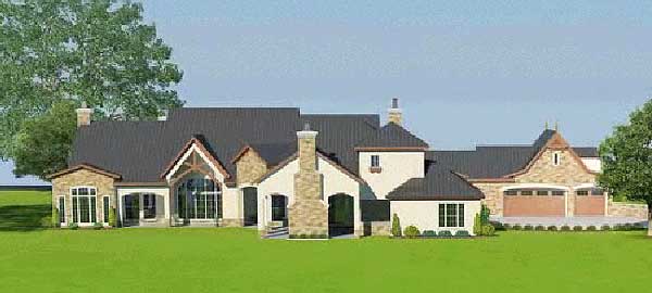 House plan exterior with stone accents, large gable, and a three-car garage.