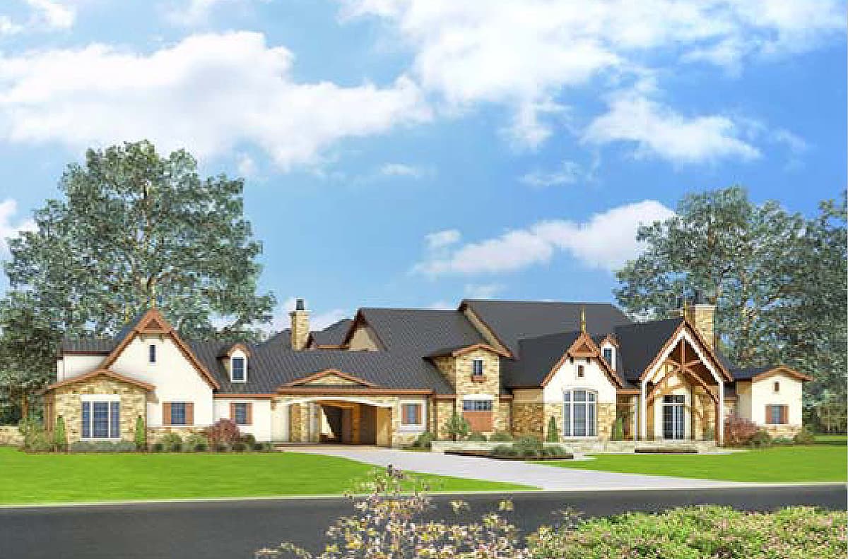 House plan exterior: Two-story Modern Farmhouse with stone accents, multiple gables, dormers, and a porte-cochère.