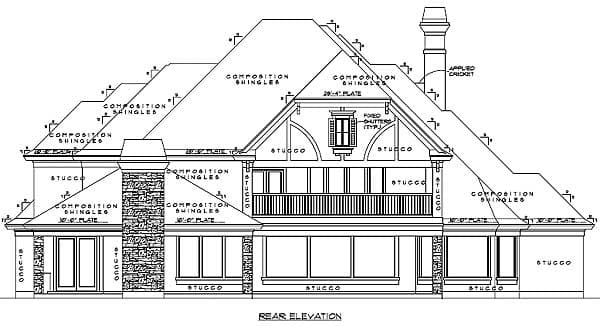 Rear elevation house plan showing stucco walls, stone accents, multiple gables, and a second-story balcony.