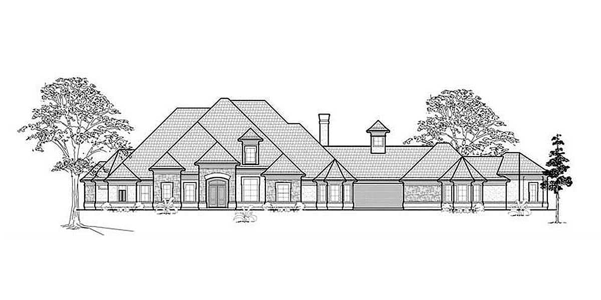 House plan exterior, one story, with multiple gables, dormers, arched entry, and a three-car garage.
