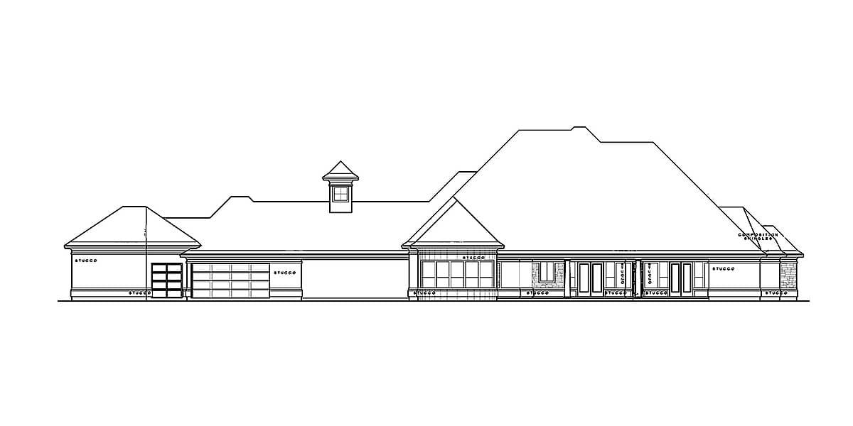 House plan elevation drawing showing a stucco exterior with a hip roof, dormer, and garage.