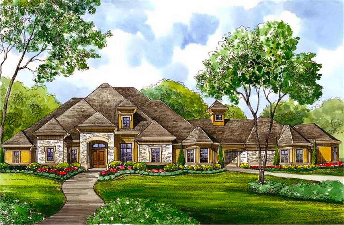House plan exterior: One-story home with stone accents, prominent gables, dormers, and a covered entry.