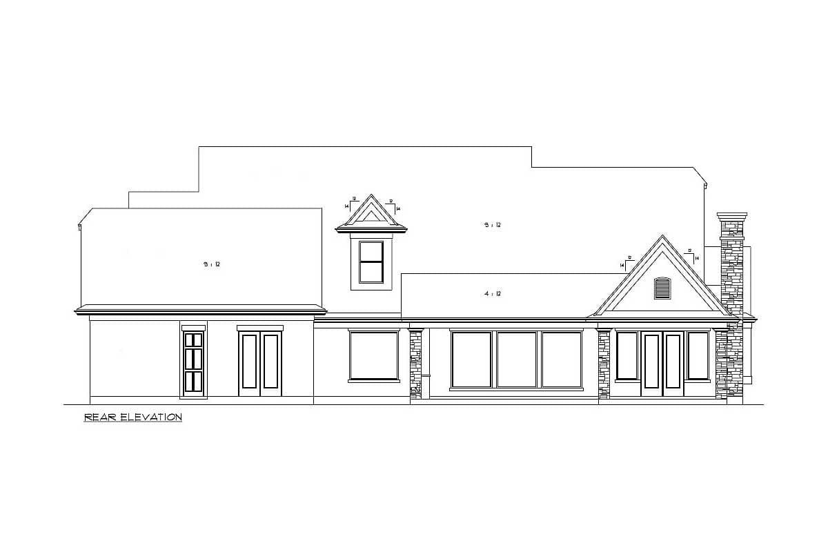 Rear elevation house plan showing multiple windows, doors, a dormer, and a prominent stone chimney.