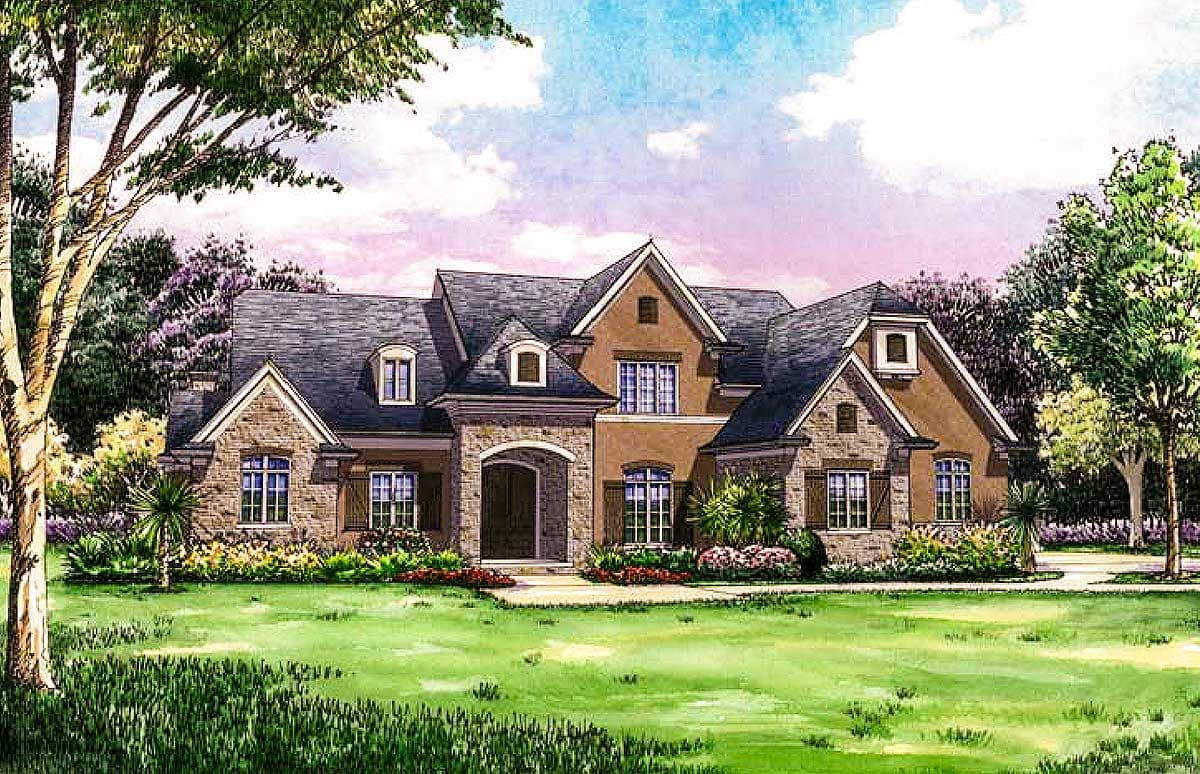 House plan exterior. Two-story with stone facade, multiple gables, arched entry, and dormers. Dark gray roof and shuttered windows.