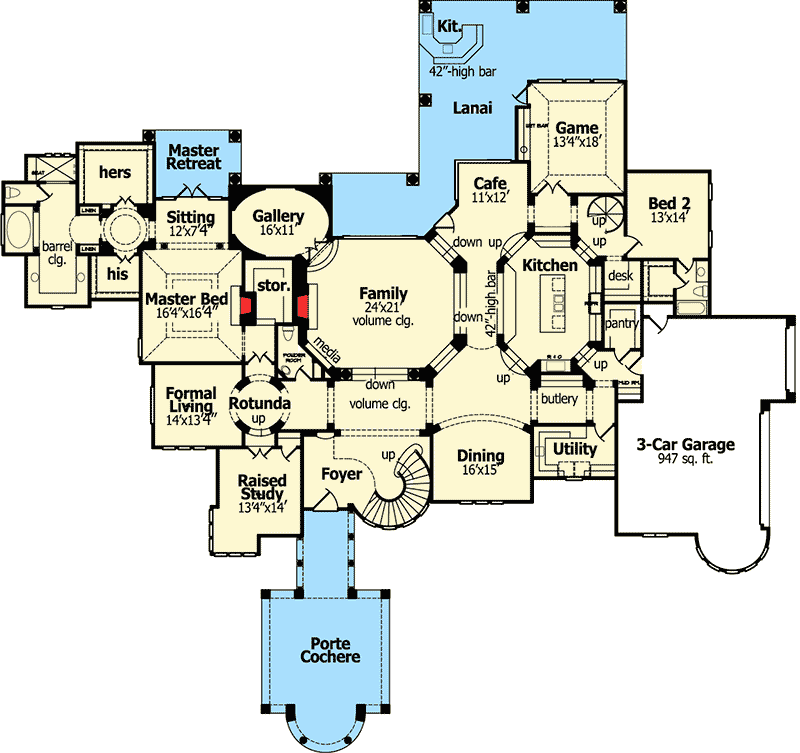Plan 67124GL: Tuscan Treasure With Two Rotundas - Floor Plan - Main Level - European, Mediterranean, Spanish, Tuscan