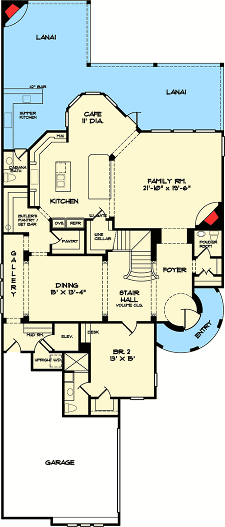 Plan 67125GL: Mediterranean-Style House Plan with Third Floor Home Office - Floor Plan - Main Level - European, Florida-Style, Mediterranean, Spanish, Tuscan