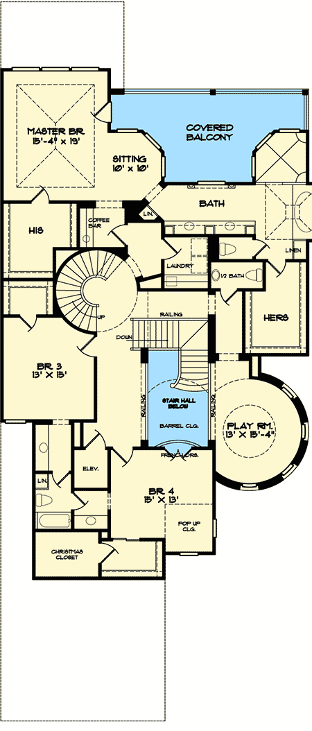 Plan 67125GL: Mediterranean-Style House Plan with Third Floor Home Office - Floor Plan - 2nd Floor - European, Florida-Style, Mediterranean, Spanish, Tuscan
