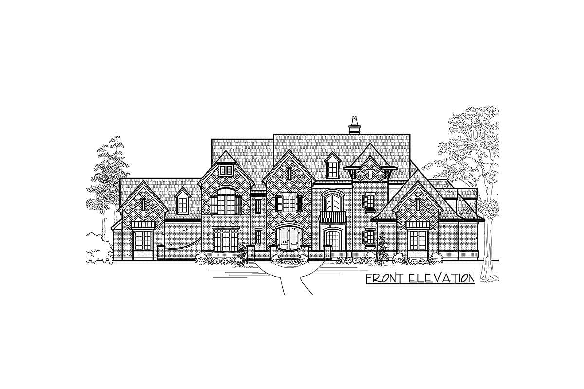 Front elevation drawing of a multi-story house with dormers, gables, arched windows, and a central portico.