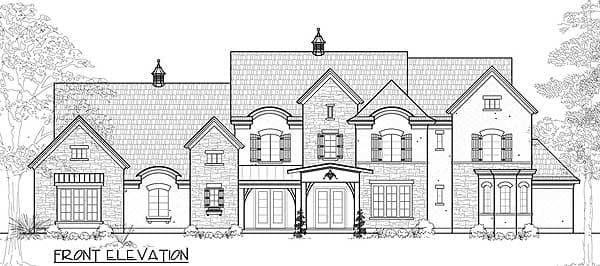 Front elevation drawing of a multi-story house with stone facade, prominent gables, shutters, and covered entry.