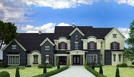 House plan exterior: two-story home with a mix of stone and stucco, gabled dormers, arched windows, and a central covered entry.