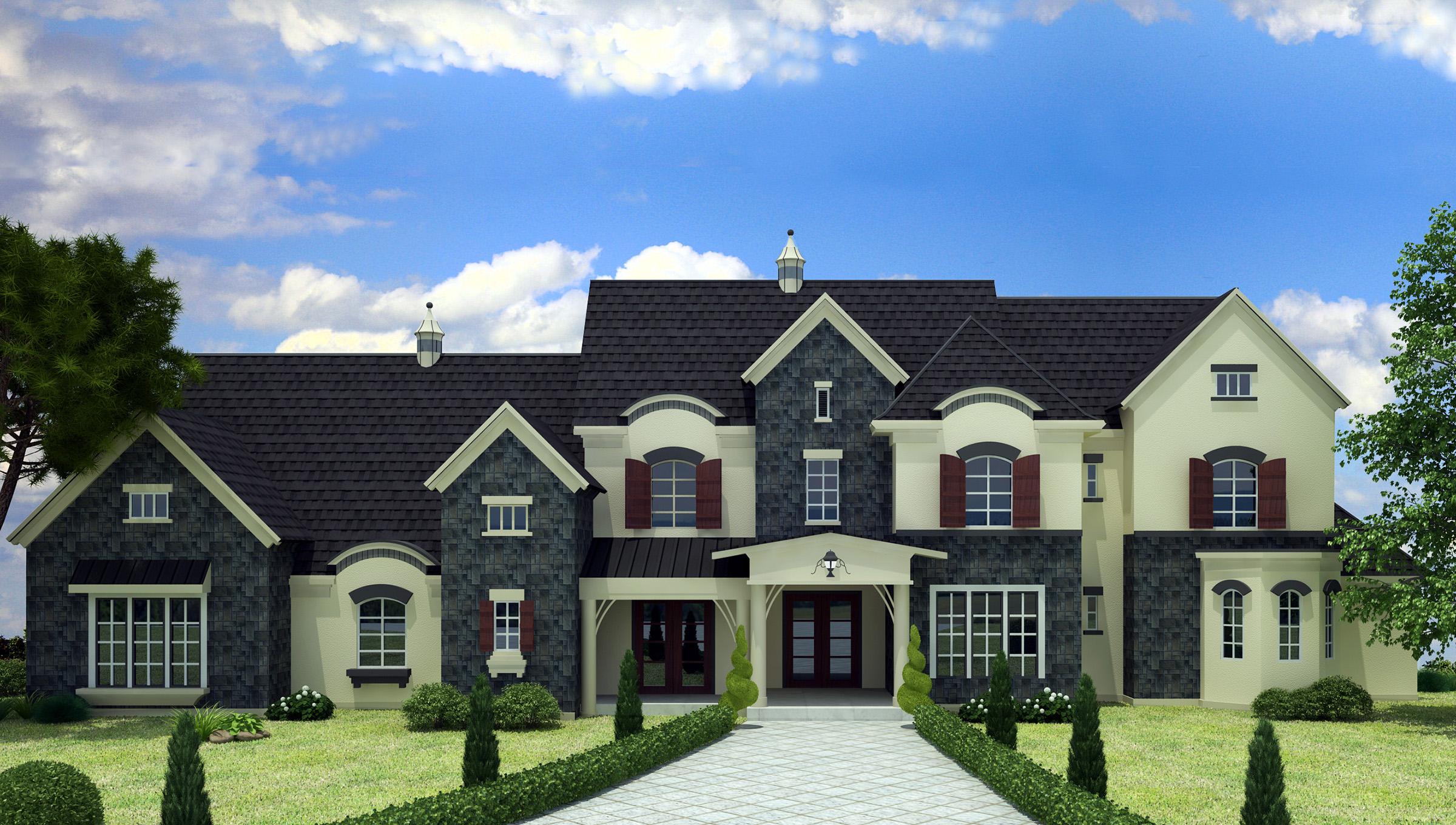 House plan exterior featuring a multi-story design with dark shingle roof, gables, stone accents, and a covered entryway.