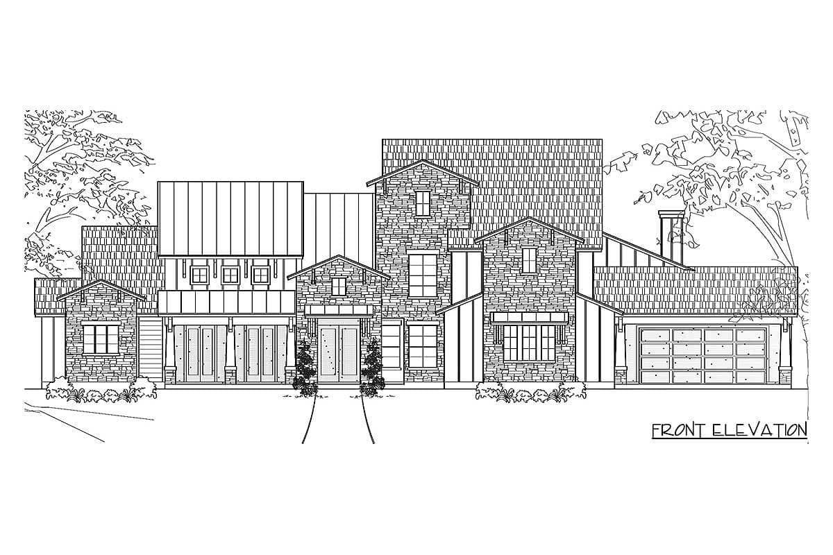 Front elevation house plan: two-story, stone and siding facade, multiple gables, double garage, and prominent chimney.