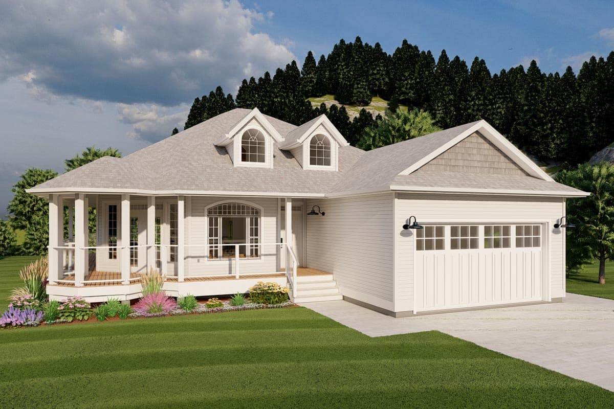 House plan exterior: one-story modern farmhouse with wrap-around porch, arched dormers, and side-entry garage.