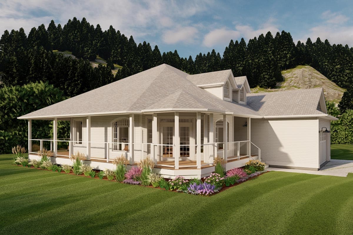 House plan exterior featuring a wraparound porch, multiple gables, dormer windows, and an attached garage.