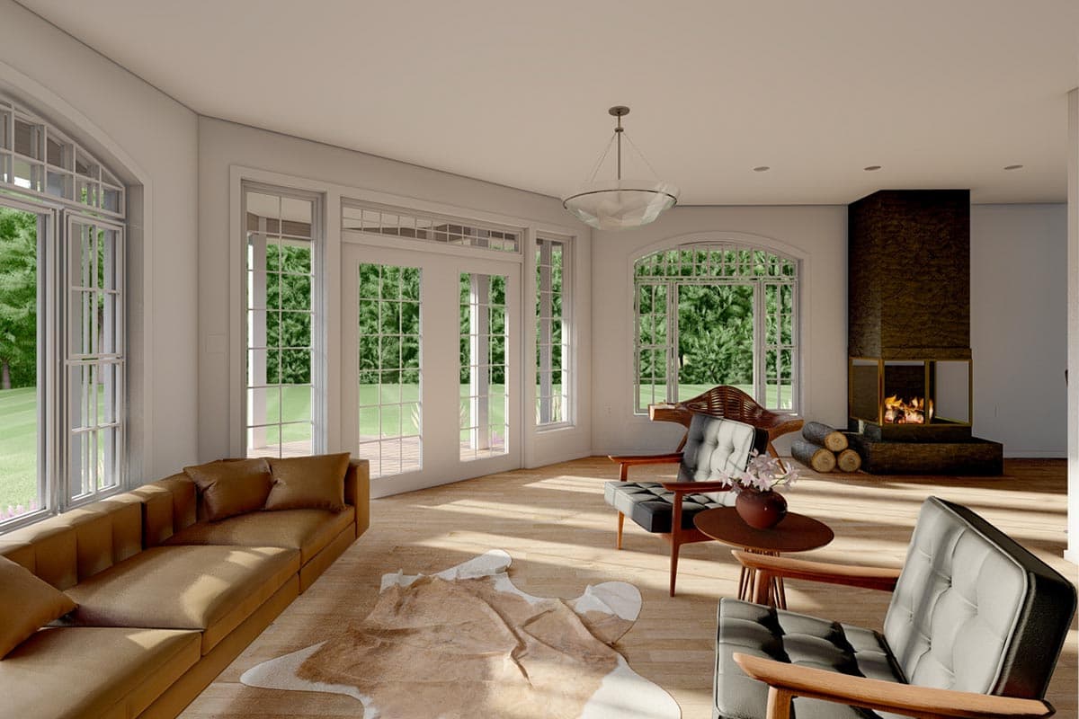 Living room interior rendering with fireplace, large windows, and sectional sofa.