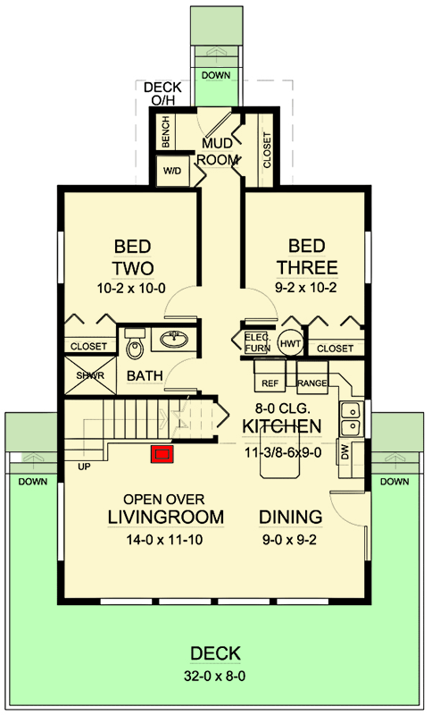 Plan 6716MG: Mountain Cottage with Large Sundeck and 2-Story Living Room - 1011 Sq Ft - Floor Plan - Main Level - Cottage, Mountain, Vacation