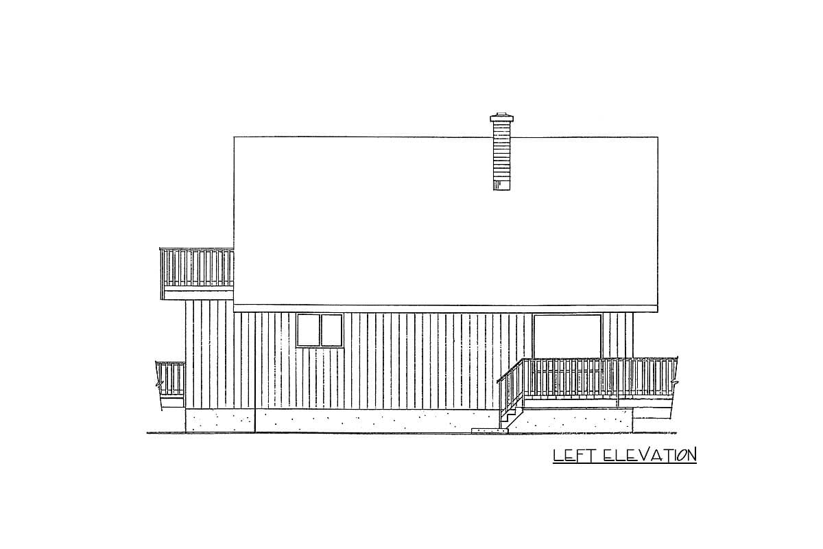 Left elevation drawing of a house plan showing two decks, a chimney, and vertical siding.