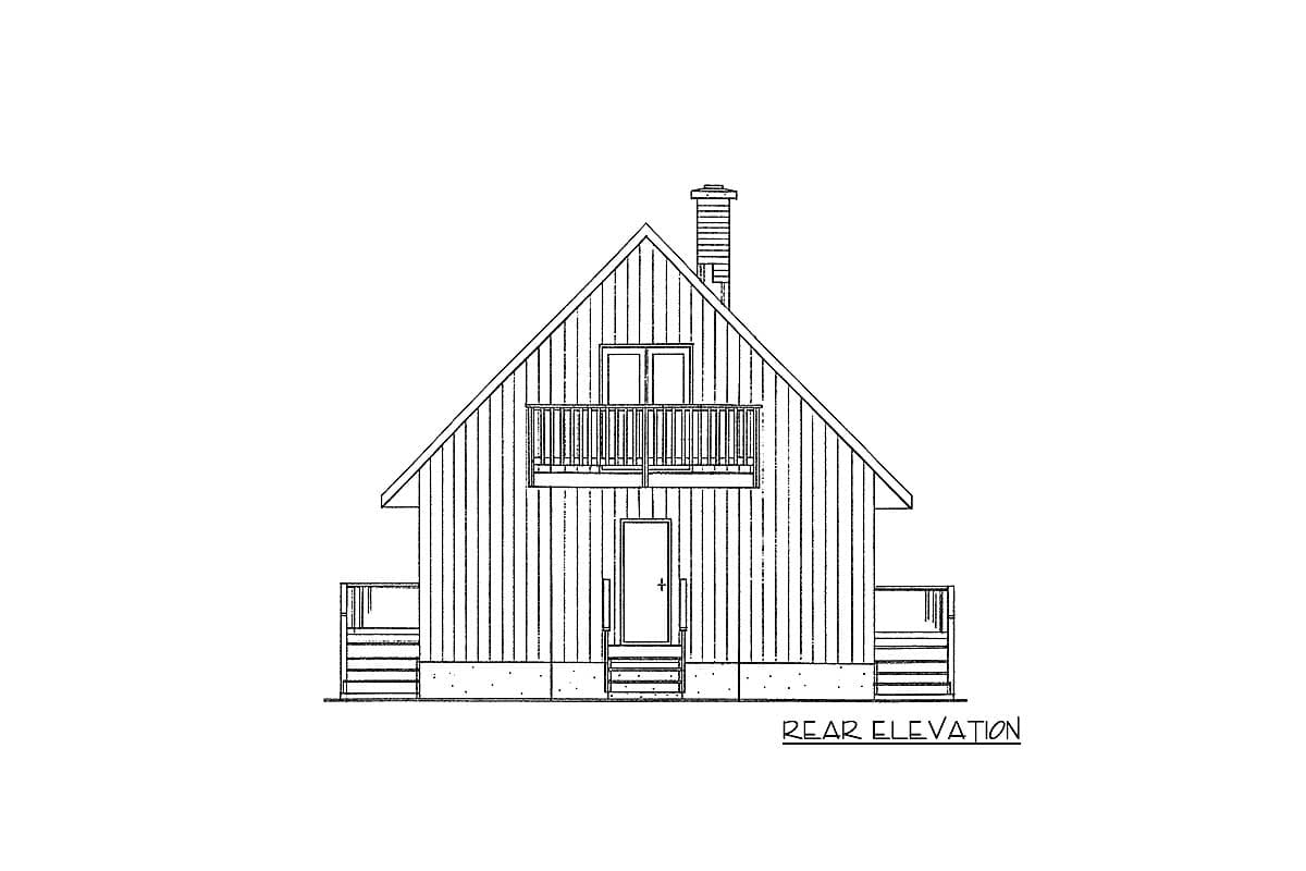 Rear elevation drawing of a two-story house plan featuring a prominent gable, central balcony, and side decks.