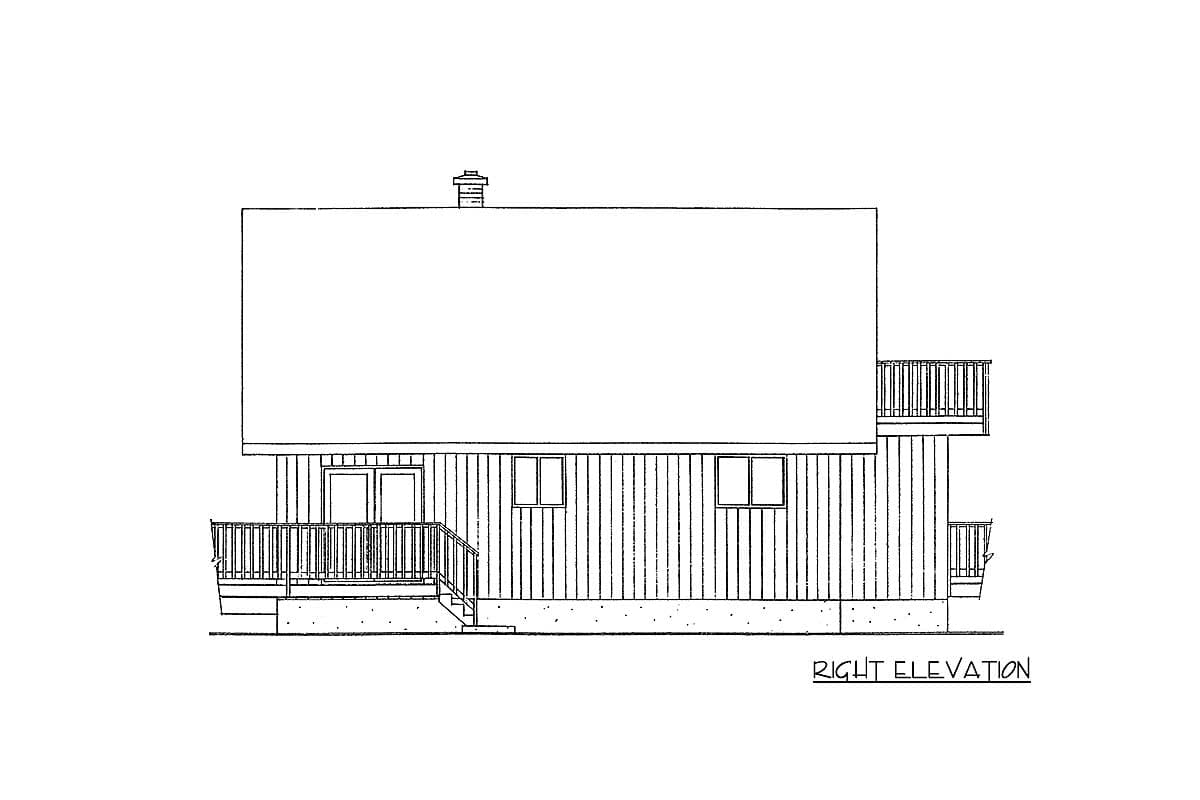 Right elevation house plan drawing shows a two-story structure with a peaked roof, double doors, multiple windows, and decks.