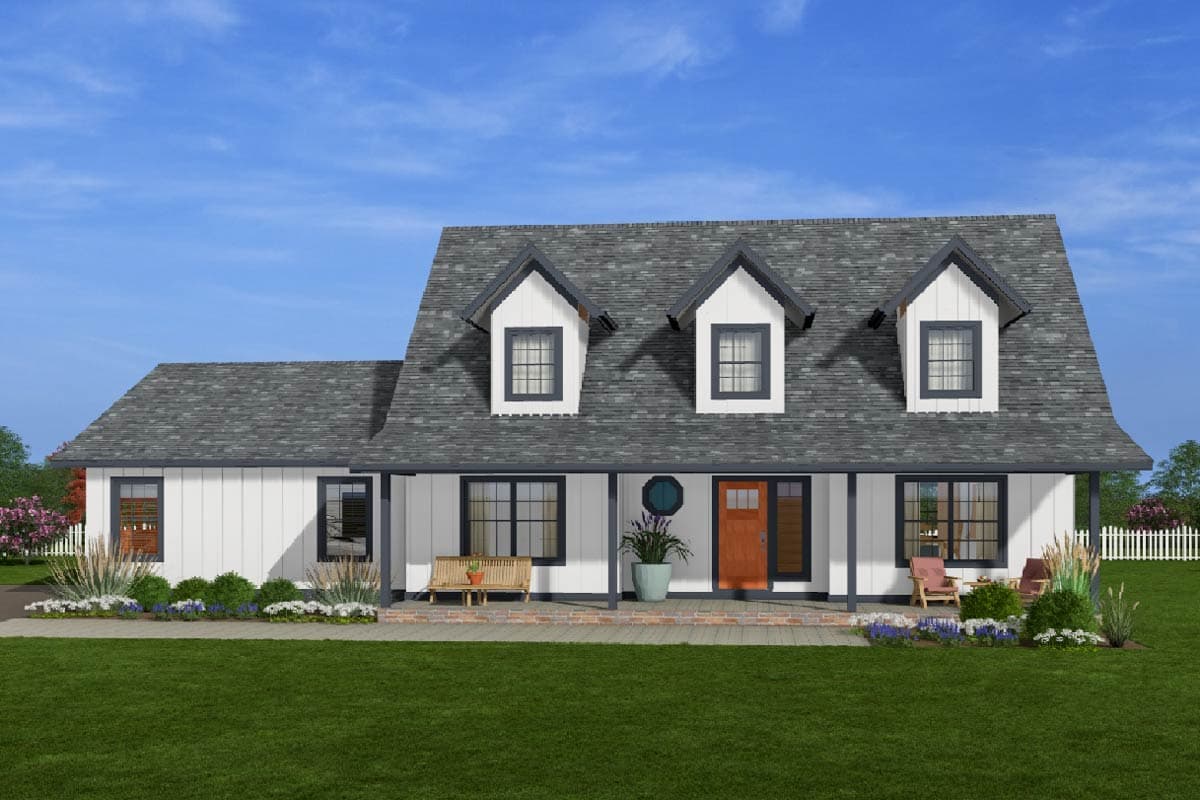 House plan exterior: Two-story Modern Farmhouse with a prominent gable roofline, three dormer windows, and a covered front porch with wood posts.