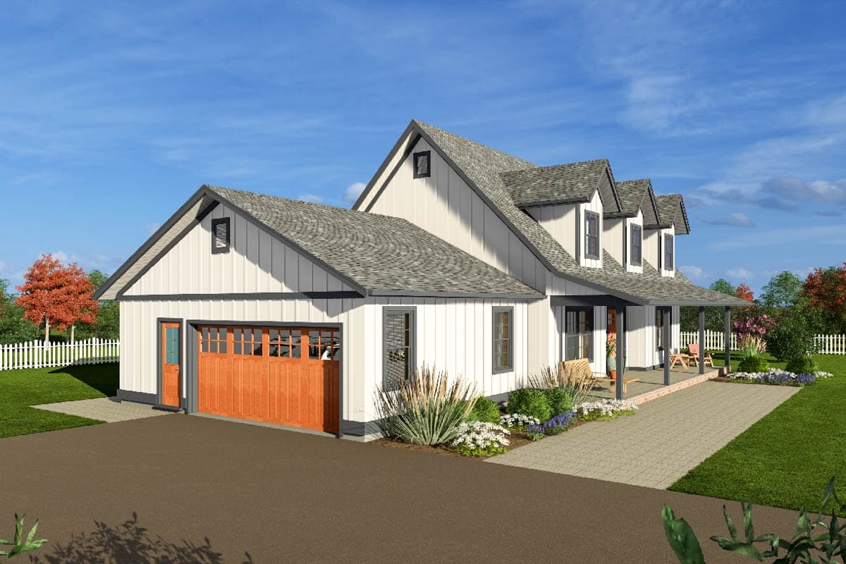 Modern Farmhouse house plan exterior with board and batten siding, a covered porch, and a side-entry garage with wood doors.
