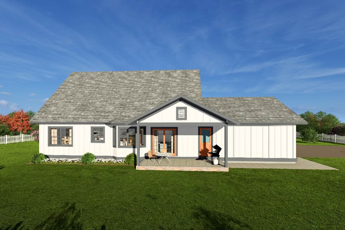 House plan exterior: A white, one-story Modern Farmhouse with a gabled roof, covered porch, and double-door entry.