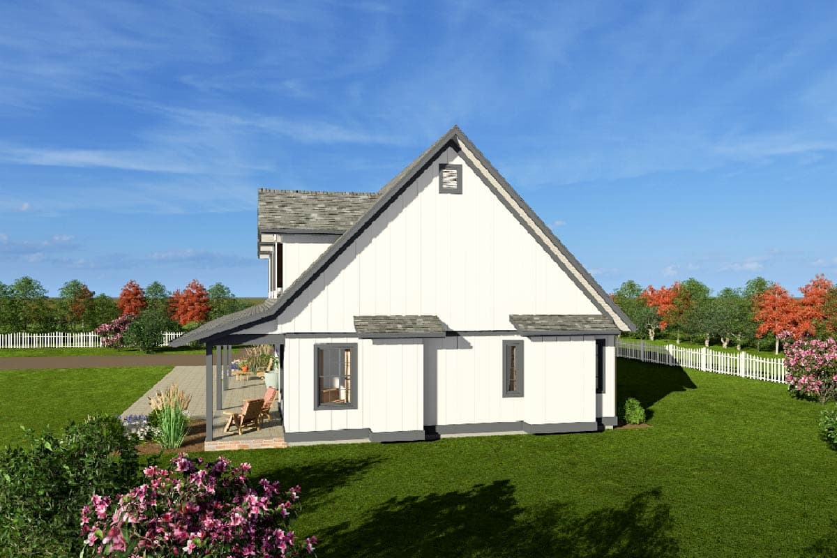 House plan exterior rendering of a two-story Modern Farmhouse with a gable roof, white board-and-batten siding, and a covered porch.