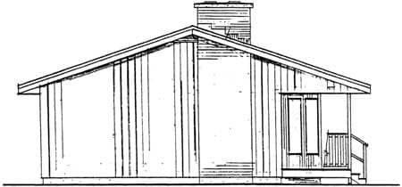 House plan exterior drawing: one-story home with shed roof, prominent chimney, and small covered porch with railing.