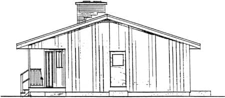 House plan exterior drawing of a one-story structure with vertical siding, a pitched roof, chimney, small porch, and two doors.