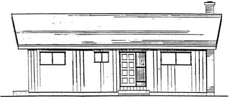 House plan exterior elevation. Simple ranch style with central door, two windows, and a hip roof with prominent eaves.