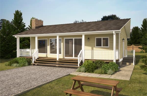 House plan exterior: Single-story home with a covered porch, prominent brick chimney, and asphalt shingle roof.