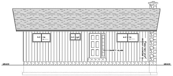 House plan front elevation: Vertical siding, front door, three windows, stone chimney, and sloping roof.