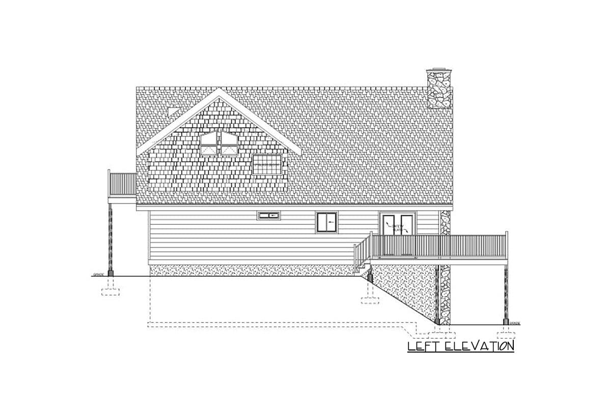 Left elevation house plan showing a two-story structure with a gabled roof, dormer windows, stone chimney, and a wraparound deck.