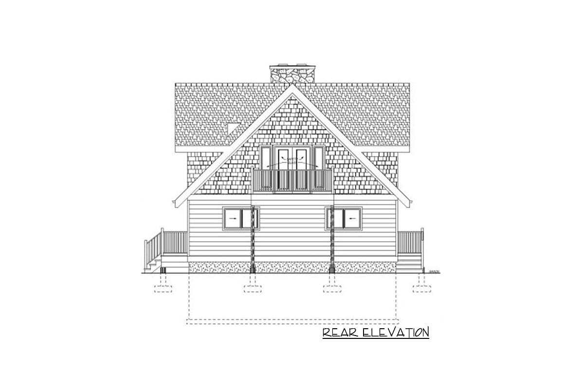 Rear elevation drawing of house plan with shingled gables, stone chimney, balcony, and decks.